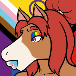 animated_heart brown_body brown_fur fur hair lgbt_pride lipstick makeup pride_color_accessory pride_color_background pride_colors purple_eyes red_hair simple_background white_body white_fur fungimagi lgbt_pride_month equid equine horse mammal 1:1 animated short_playtime