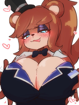 anthro bedroom_eyes big_breasts black_eyeshadow blue_eyes blush blush_lines bow_tie breasts brown_body brown_ears brown_hair cleavage clothed clothing cute_fangs eyebrows eyelashes eyeshadow fangs female freckled_face freckles front_view fur glistening_eyelids hair hand_on_breast hat headgear headwear heart_symbol long_eyelashes looking_at_viewer makeup name_tag narrowed_eyes round_ears seductive simple_background solo teeth tongue tongue_out topwear white_background ab_fr_tn five_nights_at_freddy's fredina's_nightclub scottgames freddy_(fnaf) frenni_(cryptiacurves) bear mammal 2025 3:4 digital_media_(artwork) hi_res