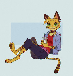 3_toes anthro barefoot beverage bottomwear bubble_tea clothing collar denim denim_bottomwear denim_clothing ear_piercing ear_ring facial_markings feet female female_anthro fur green_eyes head_markings head_tuft holding_beverage holding_object jacket jeans long_tail looking_at_viewer markings on_ground pants pawpads piercing pointy_ears pose ring_piercing shirt sitting solo spots spotted_body spotted_fur striped_markings stripes tail toes topwear torn_bottomwear torn_clothing torn_jeans torn_pants tuft yellow_body yellow_fur ruffu pepper_in_the_sandbox pepper_(ruffu) felid feline mammal serval 2025 colored detailed digital_drawing_(artwork) digital_media_(artwork) shaded