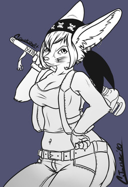 5_fingers anthro bangs belt biped bottomwear breasts cheek_tuft claws cleavage cloth clothed clothing collarbone denim denim_bottomwear denim_clothing ear_piercing ears_back eyebrows eyelashes facial_tuft female fingerless_gloves fingers front_view frown gloves hair hand_on_hip handwear holding_object holding_tool humanoid_hands inner_ear_fluff jeans jewelry kerchief long_ears looking_at_viewer looking_up navel navel_piercing pants piercing pipe_wrench pivoted_ears purple_background shirt short_hair side_view simple_background skull_and_crossbones snout solo tank_top tools topwear tuft vest whiskers worker wrench syrae-universe canid canine fennec_fox fox mammal true_fox 2010 black_and_white digital_media_(artwork) line_art mixed_media monochrome pen_(artwork) portrait signature three-quarter_portrait traditional_media_(artwork)