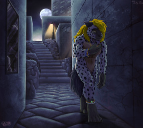 abs anthro bodily_fluids city crying detailed_background fur gem hair jewelry male muscular muscular_anthro muscular_male night nude sad sky solo tears gazuki canid canine hyena mammal absurd_res digital_media_(artwork) hi_res