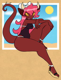 anthro big_breasts biped black_clothing black_swimwear bra breasts brown_body clothed clothed_anthro clothed_female clothing cloud day feet female fingers footwear hair head_turned horn humanoid_feet humanoid_hands long_hair long_tail looking_at_viewer non-mammal_breasts one-piece_swimsuit outside panties pink_hair plantigrade pose pupils sand shoes side_view sitting sky slit_pupils solo spiked_tail spikes spikes_(anatomy) sun swimwear tail toes underwear white_bow white_bra white_clothing white_panties white_underwear yellow_sclera nerdyreindeer scalie species_request full-length_portrait hi_res portrait