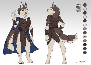 anthro armor bedroom_eyes belt belt_buckle biped breasts buckle butt cape clothed clothed_anthro clothed_female clothing cocked_hip feet female fingers front_view fur leather looking_at_viewer looking_back looking_back_at_viewer medieval_armor narrowed_eyes rear_view seductive smile solo standing tail toes foxovh armello league_of_geeks river_(armello) canid canine canis mammal wolf 2026 digital_drawing_(artwork) digital_media_(artwork) model_sheet