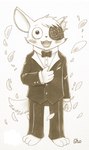 :3 anthro barefoot black_tie_(suit) blush bow_tie clothing eye_patch eyewear fangs feet hand_on_chest male notched_ear open_mouth smile solo standing suit teeth sho_shibamoto pandemonium_wizard_village zipher domestic_cat felid feline felis mammal 2021 hi_res monochrome