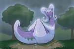 anthro anus blush female genitals grass green_eyes looking_at_viewer lying nude on_back outside plant pussy raining slime smile solo tail tail_anus tree wet fizzpop nintendo pokemon generation_6_pokemon goodra pokemon_(species) hi_res