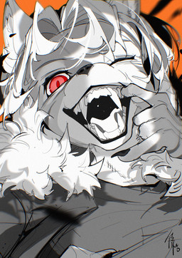 anthro claws clothed clothing eyebrows fangs female finger_claws fur grey_clothing grey_topwear gums hair looking_at_viewer one_eye_closed open_mouth open_smile orange_background pupils red_eyes simple_background slit_pupils smile solo teeth tongue_showing topwear white_body white_fur white_hair white_sclera wink winking_at_viewer chiayeeee felid feline mammal 2025 bust_portrait digital_drawing_(artwork) digital_media_(artwork) hi_res portrait signature
