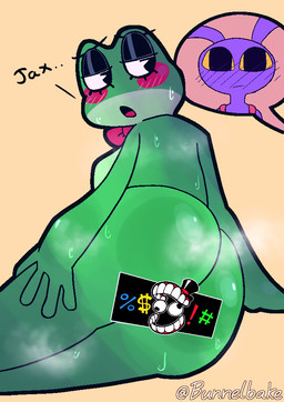 4_fingers anthro aroused big_butt black_eyes blush blush_lines blushing_profusely bodily_fluids bow_tie bow_tie_only breasts butt clothing dialogue duo eyebrows eyeshadow featureless_breasts female female_focus fingers glistening glistening_body glistening_butt green_body half-closed_eyes hands_on_legs hands_on_thighs lying makeup male male/female medium_breasts mostly_nude musk narrowed_eyes on_side open_mouth overalls pie_cut_eyes pink_blush pink_cheeks presenting presenting_hindquarters purple_body rear_view simple_background sitting stare sweat sweatdrop sweaty_butt text thick_thighs tongue wide_hips bunnelbake glitch_productions the_amazing_digital_circus jax_(tadc) ribbit_(tadc) amphibian frog lagomorph leporid mammal rabbit 2026 artist_name censored english_text watermark