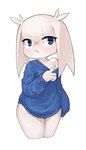 4_fingers anthro blue_clothing blue_eyes blue_sweater blue_topwear bodily_fluids bottomless breasts clothed clothing clothing_pull eyebrows eyelashes facial_scar female fingers floppy_ears front_view frown medium_breasts scar solo sweat sweater sweater_only sweater_pull thick_thighs topwear topwear_only topwear_pull wide_hips x_scar gomogomo cave_story sue_sakamoto canid canine canis lagomorph mammal mimiga wolf 2024 absurd_res hi_res portrait three-quarter_portrait