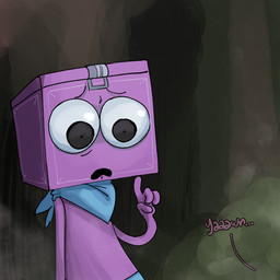 clothing disbelief for_a_head male not_furry purple_body shocked solo text scrambledeve blushcrunch_studio dandy's_world roblox boxten_(dandy's_world) animate_inanimate humanoid object_head toon_(dandy's_world) 1:1 hi_res