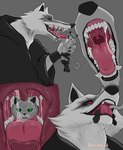 anthro belt bodily_fluids boots cheek_lick claws close-up clothing duo face_lick facial_markings footwear forced green_eyes grey_background head_markings holding_another imminent_vore in_mouth licking looking_into_mouth male male/male markings mask_(marking) micro mouth_play mouth_shot on_tongue open_mouth oral_vore poncho red_eyes saliva simple_background size_difference smile soft_vore tongue tongue_out unwilling_prey uvula vore willing_pred raccoon24 dreamworks puss_in_boots_(dreamworks) death_(puss_in_boots) puss_in_boots_(character) canid canine canis domestic_cat felid feline felis mammal wolf hi_res monochrome