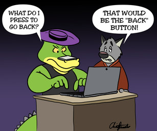 anthro clothing computer countershading dialogue duo electronics green_body grey_body hat headgear headwear male shirt text topwear sobieniak brok_the_investigator cowcat_games brok_(brok_the_investigator) graff_filsh alligator alligatorid crocodilian domestic_cat felid feline felis mammal reptile scalie 2021 english_text hi_res