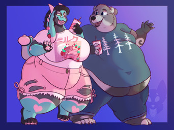 anthro barefoot belly beverage big_belly big_breasts biped blue_body bottomwear breasts clothed clothed_anthro clothed_female clothed_male clothing container cup denim denim_bottomwear denim_clothing denim_shorts disposable_cup duo feet female female_anthro fingers fur grey_body grey_fur hair holding_beverage holding_object male male_anthro moobs navel_outline obese obese_anthro obese_male overweight overweight_anthro overweight_female overweight_male pink_bottomwear pink_clothing pink_shorts shirt shorts solo t-shirt tail text thick_tail toes topwear strawberrymilkdog mythology kaybee_plus_(strawdoodlefarms) dragon furred_dragon furred_scalie mythological_creature mythological_scalie scalie 2022 character_request english_description hi_res japanese_text watermark