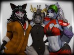 anthro antlers big_breasts black_body black_fur black_hair blue_eyes bone breasts bunny_ears_(gesture) clothing ear_piercing ear_ring female fingers fluffy_chest fluffy_hips fur gesture grey_body grey_fur group hair horn jumpsuit looking_at_viewer machine open_mouth piercing ring_piercing simple_background skull skull_head smile tail teeth topwear trio white_body white_fur rosecreates da.nilkaz_(modeler) five_nights_at_freddy's five_nights_at_freddy's:_security_breach pseudoregalia scottgames scp_foundation steel_wool_studios roxanne_wolf scp-1471-a sybil_(pseudoregalia) animatronic bovid canid canine canis caprine goat jackalope lagomorph leporid mammal rabbit robot skulldog_(species) wolf 2025 3d_(artwork) 4:3 blender_(artwork) digital_media_(artwork) hi_res