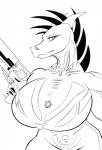 big_breasts breasts female gun looking_at_viewer non-mammal_breasts ranged_weapon smile solo weapon seiiartworks scalie hi_res monochrome