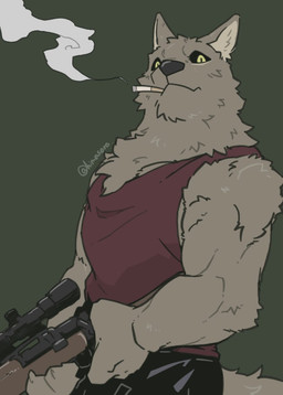 anthro black_bottomwear black_clothing black_nose black_pants black_sclera bottomwear cigarette clothing grey_background gun looking_at_viewer male muscular muscular_anthro muscular_male pants ranged_weapon red_clothing red_shirt red_tank_top red_topwear shirt simple_background smoking solo tank_top text topwear weapon yellow_eyes himasora canid canine mammal 2022 artist_name
