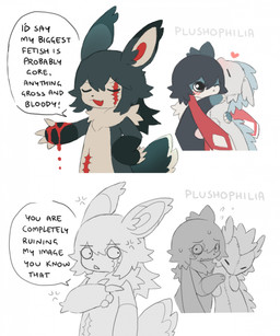 ambiguous_gender annoyed anthro black_nose blood blood_on_hand blue_body blue_fur blue_hair blush blush_lines bodily_fluids countershading cross-popping_vein dialogue dragon_plushie duo ear_tuft eyes_closed fangs female female_anthro floppy_ears fur gesture hair hand_gesture hand_on_hip hand_on_own_hip hug kemono long_ears lop_ears neck_tuft nervous nervous_smile nervous_sweat one_eye_closed open_mouth open_smile pink_scar plushie plushophilia pointing pointing_at_another red_ears red_insides scar short_hair simple_background smile stated_plushophilia sweat sweatdrop talking_to_another tan_body tan_claws tan_countershading tan_fur tan_inner_ear teeth text tuft white_background jejejunum mythology jejunum_(jejejunum) wren_(jejejunum) dragon furred_dragon furred_scalie lagomorph leporid mammal mythological_creature mythological_scalie rabbit scalie 2025 comic english_text half-length_portrait hi_res portrait