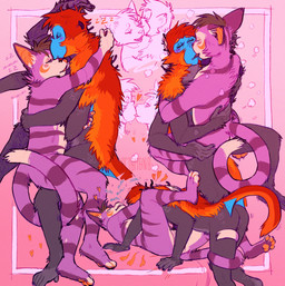 4_arms anthro anthro_on_anthro blue_body brown_hair cheek_tuft duo eyes_closed facial_tuft feet fur grey_body grey_fur hair hug kissing lying male male/male markings multi_arm multi_limb neck_tuft nude on_back on_lap orange_body orange_fur prehensile_feet purple_body purple_fur red_body red_fur red_hair short_hair side_view simple_background sitting striped_arms striped_back striped_legs striped_markings striped_tail stripes tail tail_markings three-quarter_view toes tuft white_body white_fur 0ct0m0n0 miko_(0ct0m0n0) felid haplorhine mammal monkey primate absurd_res hi_res