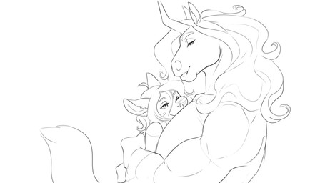 anthro anthro_on_anthro duo femboy grin hair horn hug long_hair male male/male muscular muscular_anthro muscular_male narrowed_eyes nude one_eye_closed side_view size_difference smile wavy_hair apple-faced mythology hugh_milks equid equine mammal mythological_creature mythological_equine unicorn monochrome sketch