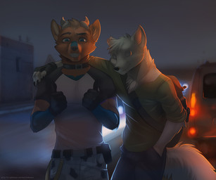 5_fingers anthro backpack black_nose blue_body blue_eyes blue_fur bottomwear brown_body brown_fur brown_hair clothed clothing detailed_background duo eyes_closed fingerless_gloves fingers fur gesture gloves grin hair hand_gesture hand_on_shoulder handwear horn looking_at_viewer male multicolored_body multicolored_fur night outside pants shirt smile thumbs_up topwear white_body white_fur koul ticl canid canine canis deer mammal wolf 6:5