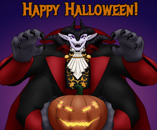 4_arms 6_eyes anthro claws cosplay food fruit holiday_message holidays jack-o'-lantern male multi_arm multi_eye multi_limb plant pumpkin solo text threatening vampire_costume corinoch_(artist) halloween corinoch dracula demon 6:5 english_text hi_res