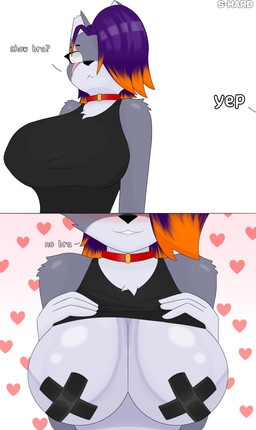 anthro big_breasts blind_eye breasts choker clothed clothing clothing_lift facial_scar female fingers glistening glistening_body glistening_breasts grey_body hair hand_on_breast heart_symbol jewelry lipstick makeup multicolored_body necklace orange_hair purple_hair scar shirt simple_background smile solo t-shirt text topwear two_panel_image two_tone_body white_eyes s-hard bra_strap_showing_(meme) becky_(s-hard) domestic_cat felid feline felis mammal 2026 absurd_res artist_name hi_res meme