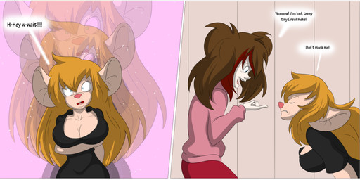 blue_eyes breasts clothing female gender_transformation hair long_hair pigtails pink_nose shrinking size_transformation text transformation tfsubmissions chip_'n_dale_rescue_rangers disney gadget_hackwrench human mammal mouse murid murine rodent absurd_res comic english_text hi_res