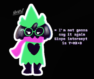 ambiguous_gender anthro black_background black_body black_fur boots clothing dialogue eyelashes eyewear footwear fur glasses green_clothing green_robe hat headgear headwear math outline robe scarf shoes simple_background solo text white_outline mekevi deltarune undertale_(series) ralsei bovid caprine darkner goat mammal english_text low_res meme