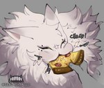 anthro black_eyes cheek_tuft dipstick_ears disembodied_hand ear_markings eating eating_food facial_markings facial_tuft female food fur grey_background grey_body grey_fur head_markings holding_food holding_object markings multicolored_ears narrowed_eyes onomatopoeia pizza pizza_slice simple_background solo sound_effects text tuft white_body white_fur yellow_sclera ze_blackball.d the_huntress_(ze_blackball.d) mammal