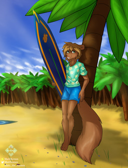 anthro beach bottomwear brown_body brown_fur clothing fur green_eyes male palm_tree plant shorts solo surfboard tree matz_the_kames canid canine canis domestic_dog mammal absurd_res hi_res