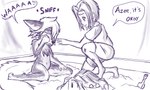 anthro bodily_fluids building clothing collar comforting concentrating duo female fur kneeling male on_one_knee playing protective rune sand_castle sandbox sculpture shirt side_view sitting snout speech_bubble t-shirt tears text topwear wariza young farfener links the_auroran_archives azee_(links) luke_(links) shiyan_(links) canid canine canis coyote human mammal wolf 2023 5:3 absurd_res hi_res sketch