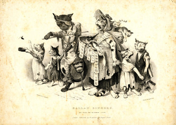 ambiguous_gender anthro basket biped bodily_fluids bowed_string_instrument carrying_another clothed clothed_anthro clothing container crying digitigrade dress eye_patch eyewear fangs female feral fur group hand_holding hat headgear headwear holding_basket holding_container holding_musical_instrument holding_object male markings missing_leg musical_instrument pained_expression paws pegleg playing_music quadruped ragged_clothing ring_(marking) ringed_tail semi-anthro simple_background standing string_instrument striped_markings striped_tail stripes tail tail_markings tears teeth text tired violin whiskers wince young young_anthro robert_seymour domestic_cat felid feline felis mammal 19th_century ancient_art english_text hatching_(art) hi_res lithograph_(artwork) monochrome shaded traditional_media_(artwork)
