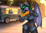 anthro bat_wings blue_eyes clothed clothing commercial_vehicle cross-popping_vein delivery_(commerce) delivery_vehicle duo eating exclamation_point fangs female food food_truck fully_clothed green_hair hair honey_(food) honeycomb kebab mango medium_truck membrane_(anatomy) membranous_wings multi-stop_van multicolored_hair open_mouth public solo_focus teeth truck_(vehicle) two_tone_hair van vehicle wings toughset racoonadillo shotty_the_fruit_bat armadillo arthropod bat bee hybrid hymenopteran insect mammal megabat procyonid raccoon xenarthran 2022 digital_drawing_(artwork) digital_media_(artwork)