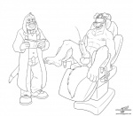 anthro balls bodily_fluids bow_(feature) bow_tie chair clothing coat cum drooling duo erection eyewear feet floppy_ears furniture genital_fluids genitals glasses gynecological_chair hybrid_genitalia hybrid_penis hypnosis hypnotic_clothing hypnotic_visor knot lab_coat machine male male/male mask mind_control muscular muscular_male nipples nude open_mouth penis saliva spread_legs spreading tail topwear wolfblade road_rovers hunter_(road_rovers) professor_hubert beagle bird_dog canid canine canis domestic_dog golden_retriever hunting_dog mammal retriever scent_hound black_and_white monochrome