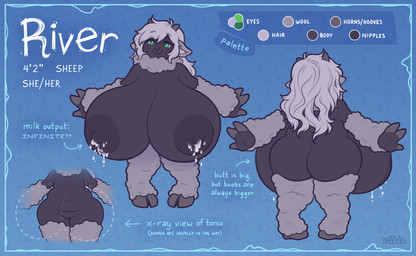 anthro big_breasts bodily_fluids breasts butt cloven_hooves female female_anthro genitals green_eyes grey_hair hair hooves horn huge_breasts hyper hyper_breasts imperial_unit lactating looking_at_viewer navel nipples nude nude_anthro nude_female shortstack simple_background smile solo standing stated_height text unguligrade vulva keffotin river_(ivalera-pixiebutt) bovid caprine mammal sheep 2025 digital_media_(artwork) english_text hi_res model_sheet