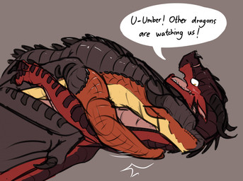 ambiguous_gender blush brown_body brown_scales claws dialogue duo facial_scar feral finger_claws grey_background horn hug long_neck looking_at_another lying lying_on_another membrane_(anatomy) membranous_wings nose_spike on_back open_mouth red_body red_scales scales scar sharp_teeth simple_background smile snout speech_bubble talking_to_another teeth text tongue wing_claws wings yellow_eyes darkenstardragon mythology wings_of_fire flame_(wof) umber_(wof) dragon mudwing_(wof) mythological_creature mythological_scalie scalie skywing_(wof) english_text male_(lore)