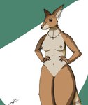 anthro breasts claws collar ear_piercing female fingers fur jewelry looking_at_viewer nipple_piercing nipples nude nude_anthro piercing ring simple_background small_breasts smile solo standing tail three-quarter_view wide_hips zruskawka kangaroo macropod mammal marsupial 2025 digital_media_(artwork) hi_res portrait shaded