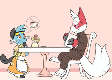 alternative_fashion anthro beverage black_body black_fur blue_body blue_fur cafe chair classic_lolita clothed clothing coffee dress duo eyewear female fur furniture j-fashion lolita_(fashion) maid_cafe maid_uniform male nervous red_body red_fur serving sitting size_difference smaller_female sunglasses table tail uniform white_body white_fur kipaki nintendo pokemon jaki-kun_(character) dewott generation_3_pokemon generation_5_pokemon pokemon_(species) zangoose colored hi_res