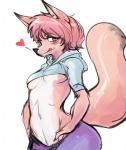 anthro blush blush_stickers breasts canid canine clothing countershading crop_top cropped_hoodie female fox fur hair heart_reaction heart_symbol hi_res licking licking_lips licking_own_lips low-angle_view mammal pink_body pink_fur pink_hair pinkkoffin self_lick shirt short_hair simple_background small_breasts solo tongue tongue_out topwear under_boob white_background white_body white_fur wide_hips