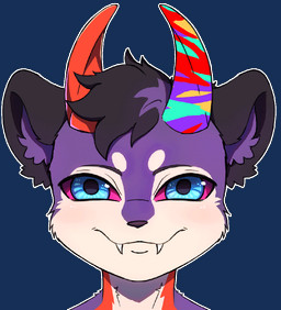 animated_gif black_ears black_hair blinking blue_eyes fangs fur hair horn male multicolored_horn orange_body orange_fur orange_horn pink_sclera purple_body purple_fur rainbow_horn smug_grin solo teeth tie-dye white_body white_fur kekyi dio_nayl demon hybrid mammal mustelid otter animated headshot_portrait portrait short_playtime