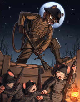 anthro armor belt boots clenched_teeth clothing eyes_closed flamethrower footwear full_moon group gun headgear helmet lamp lantern lying male military military_uniform moon night open_mouth ranged_weapon rifle shocked shoes sleeping soldier teeth trench uniform warrior weapon goobone gnoll hyena mammal murid murine rat rodent hi_res