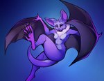 anthro bat_nose bat_wings big_ears black_membrane black_wings breasts claws countershading eyebrows fangs feet female flying gradient_background long_claws long_tail membrane_(anatomy) membranous_wings neck_tuft nipples nude open_mouth open_smile pink_eyes pink_nipples pink_nose pose prehensile_feet purple_body purple_claws purple_ears realistic_wings sharp_teeth simple_background small_breasts smile solo spread_wings star tail teeth thick_thighs toes tuft wing_claws wings xzorgothoth abby_(xzorgothoth) bat mammal absurd_res digital_media_(artwork) full-length_portrait hi_res portrait