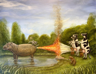 ambiguous_gender black_body bodily_fluids body_of_water brown_body creme_brulee excessive_lactation fart female feral fire_fart food forest grass group hyper hyper_fart lactating milk plant pond projectile_lactation quadruped sky sparkler teats text tree udders water white_body travis_chapman bovid bovine capybara cattle caviid common_hippopotamus hippopotamid mammal procyonid raccoon rodent acrylic_painting_(artwork) artist_name hi_res painting_(artwork) signature traditional_media_(artwork) traditional_painting_(artwork)