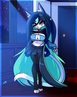 anthro barefoot big_breasts black_hair blue_body blue_eyes blue_fur bottomwear bra breasts choker clothing detailed_background feet female fur gift hair inner_ear_fluff jewelry long_socks necklace nightsky pointy_ears skirt solo sweater thick_thighs topwear tuft underwear wide_hips xxkenthewolfxx domestic_cat felid feline felis mammal absurd_res hi_res
