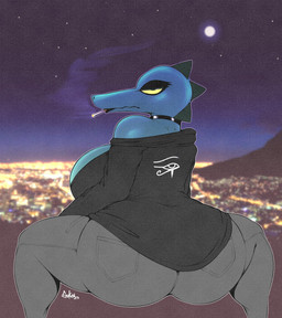 alternative_fashion armwear big_breasts big_butt black_eyeshadow bottomwear breasts butt choker cigarette cigarette_in_mouth city clothing eyeshadow fishnet_armwear fishnet_clothing full_moon goth huge_breasts huge_butt jewelry long_sleeves looking_at_viewer looking_back looking_back_at_viewer makeup moon necklace night non-mammal_breasts object_in_mouth pants rear_view shirt sky smoking smoking_cigarette star tailless thick_thighs topwear sukoi_(artist) night_in_the_woods bea_santello crocodile crocodilian reptile scalie hi_res traditional_media_(artwork)