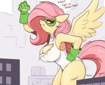 2023 angry anthro beeping big_breasts blue_eyes blush breasts building city cleavage cleavage_cutout clothed clothing cross-popping_vein cutout dialogue different_sound_effects duo english_text equid equine feathered_wings feathers female fluttershy_(mlp) friendship_is_magic gloves hair handwear hasbro hi_res honk iconography leotard macro mammal my_little_pony mythological_creature mythological_equine mythology ncmares onomatopoeia pegasus pink_hair sign size_difference skyscraper smile solo_focus sound_effects superhero talking_to_another text torn_clothing wings yellow_body yellow_feathers yellow_wings