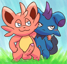 :3 anthro balls black_body black_fur blush chibi duo erection fur genitals humanoid_genitalia humanoid_penis male male/male penis penis_size_difference pink_body pink_fur smug tsundere mincheeto palworld pocketpair cattiva depresso pal_(species)
