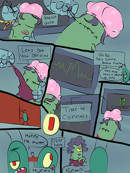 1_eye alternate_species antennae_(anatomy) anthro breasts canon_couple clothing computer dialogue duo electronics female green_body green_eyes green_skin hair husband husband_and_wife male male/female married_couple non-mammal_breasts open_mouth purple_hair red_eyes teeth text wife yellow_sclera jujusue nickelodeon spongebob_squarepants karen_plankton sheldon_j._plankton animate_inanimate aquatic arthropod copepod crustacean maxillopod plankton_(species) 2024 3:4 comic english_text