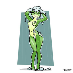 anthro bathing breasts female floating_eyebrows medium_breasts navel nipples non-mammal_breasts non-mammal_navel non-mammal_nipples nude nude_anthro nude_female shower showering simple_background smile soap_bubbles solo thick_thighs wide_hips dog_in_hat mashka_(dog_in_hat) amphibian frog 1:1 digital_media_(artwork) hi_res