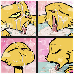 anthro bodily_fluids border cum cum_in_mouth cum_inside drinking drinking_cum excessive_cum excessive_genital_fluids female fur genital_fluids heart_eyes heart_symbol licking_cum simple_background white_border yellow_body yellow_fur fourball microsoft prequel_adventure the_elder_scrolls katia_managan felid feline felis khajiit lagomorph mammal 1:1 absurd_res digital_media_(artwork) hi_res
