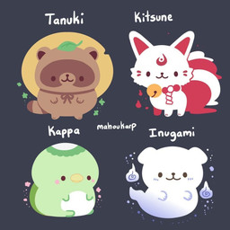 ambiguous_gender blush brown_body brown_fur chibi feral fur green_body group leaf sitting slightly_chubby text white_body mahoukarp asian_mythology east_asian_mythology japanese_mythology mythology canid canine fox_spirit inugami kappa mammal raccoon_dog tanuki yokai 2020